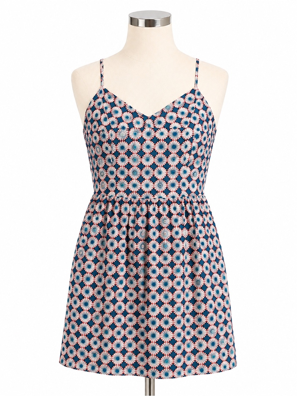 J Crew Print Spaghetti Strap Dress in Navy and Pink